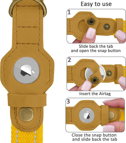 Reflective Leather Dog Collar with AirTag Holder - Soft Apple Airtag Dog Collar with Metal Buckle - Safety Cotton Pet Collars for Dogs Small Large Dogs Puppy (Yellow, XS, 9"-12")
