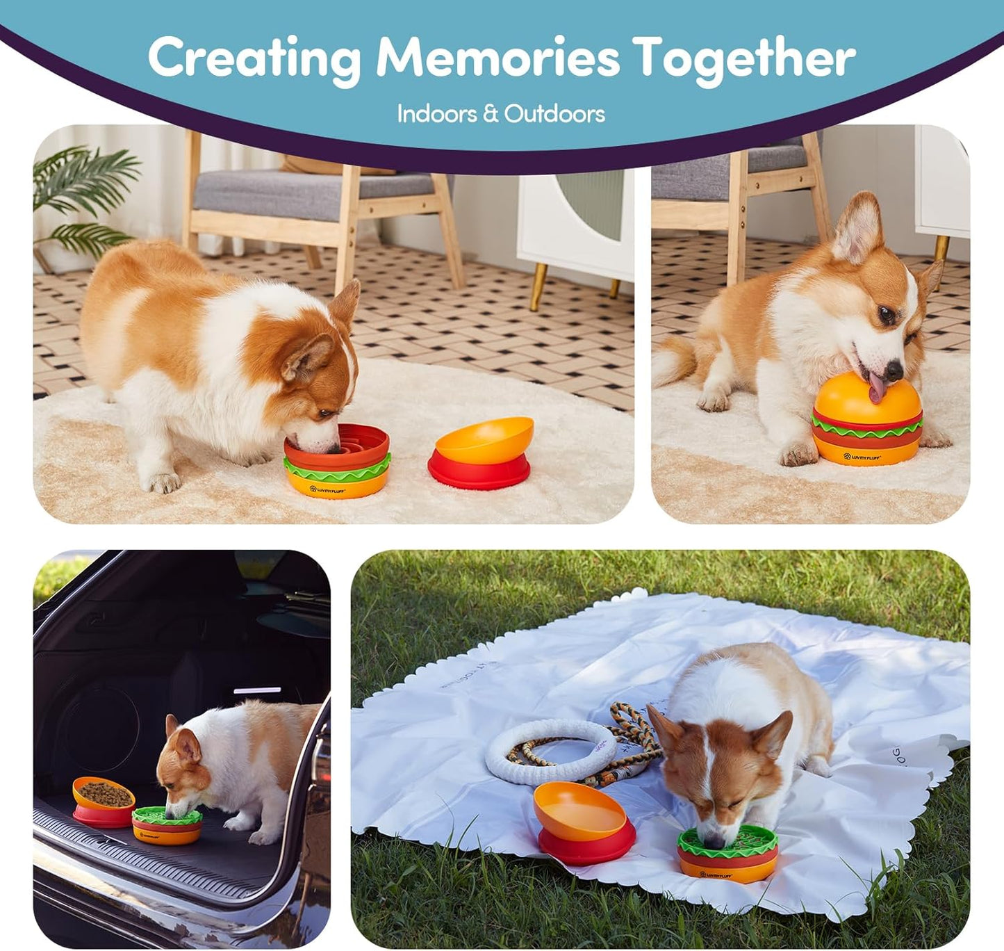 Slow Feeder Dog Bowl for Small & Medium Dogs – Hamburger Design with Spiral Slow Feeder & Reversible Lick Mat | Non-Slip, Dishwasher Safe & Easy to Clean