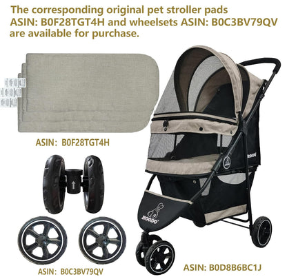 ROODO 3 Wheel Dog Pet Cat Stroller Best Lightweight Foldable Compact Portable Jogger All Terrain Travel Pet Gear Puppy Kitty Stroller for up to 30lbs Medium Small Dogs and Cats(Light Khaki)