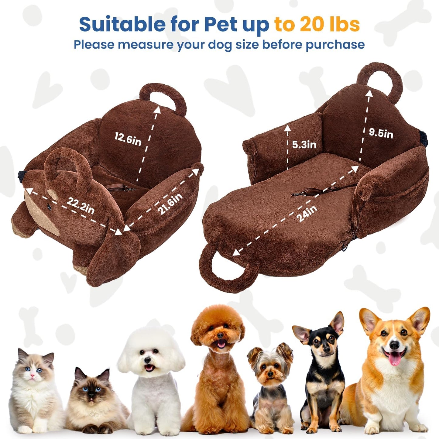 BurgeonNest Small Dog Car Seat, Cute Medium Dog Bed for Car Under 30 lbs, Washable Removable Cat Puppy Travel Booster Carseats with Clip-On Safety Leash, Fluffy Warm Pet Carrier Bag Home Bed, Brown