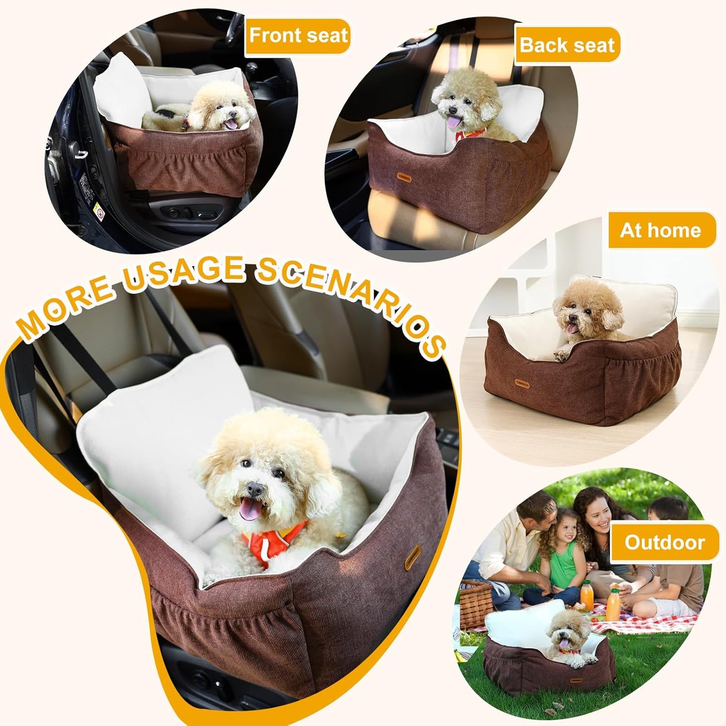 Dog Car Seat for Small Dogs Under 25Lbs, Portable Comfy Safe Puppy Car Seat Travel Bed with Storage Pockets, Fully Detachable Washable Dog Booster Carseats for Front & Back Seats, Brown