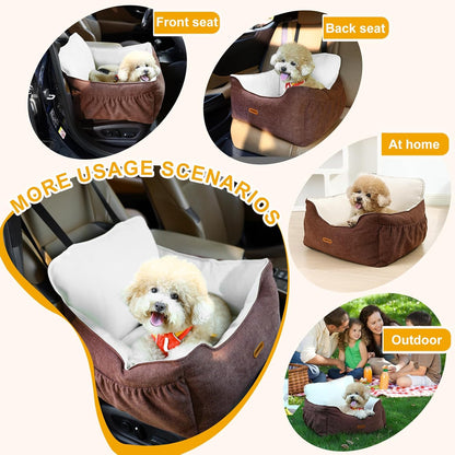 Dog Car Seat for Small Dogs Under 25Lbs, Portable Comfy Safe Puppy Car Seat Travel Bed with Storage Pockets, Fully Detachable Washable Dog Booster Carseats for Front & Back Seats, Brown