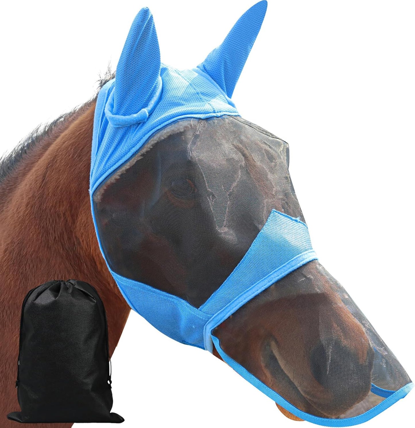 Fly Masks for Horses with Ears and Nose Cover Large Eye Space, Adjustable Horse Fly Mask for Daily UV Protection Breathable Comfort Fit Riding & Competition(Blue, L)