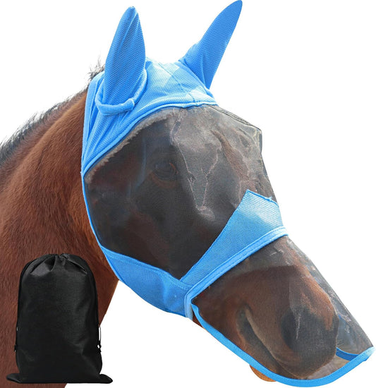 Fly Masks for Horses with Ears and Nose Cover Large Eye Space, Adjustable Horse Fly Mask for Daily UV Protection Breathable Comfort Fit Riding & Competition(Blue, L)