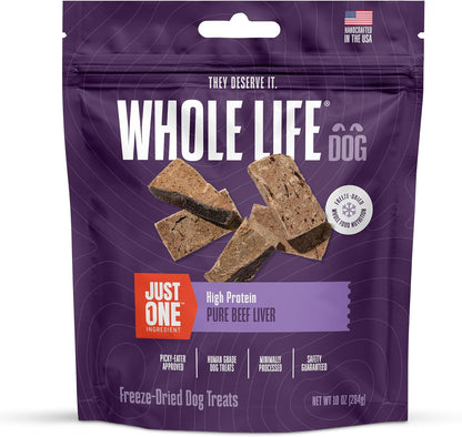 Whole Life Dog Just One Beef Liver Freeze Dried Dog Treats - Human Grade High Protein Food, Healthy Training Snacks, Freeze Dried Food Toppers, USA Made Natural Treats - 10 oz (Pack of 1)