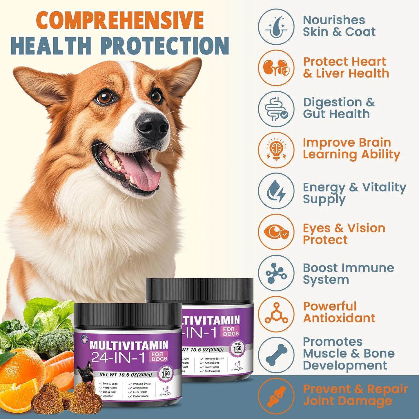 24-in-1 Dog Vitamins and Supplements 300 Ct Dogs Multivitamin Chewable Contain Chondroitin Probiotics Omega-3 Glucosamine for Dogs Skin Coat Heart Joint Gut Liver Brain Eyes Immune Support - Chicken