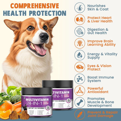 24-in-1 Dog Vitamins and Supplements 300 Ct Dogs Multivitamin Chewable Contain Chondroitin Probiotics Omega-3 Glucosamine for Dogs Skin Coat Heart Joint Gut Liver Brain Eyes Immune Support - Chicken