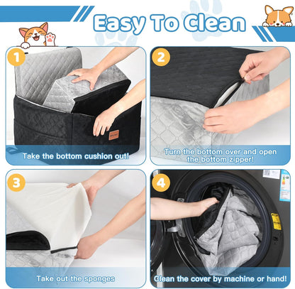 Dog Car Seat for Small/Medium Dogs Under 35 lbs – Pet Booster Seat with 6-inch Memory Foam, Dog Car Bed with Removable and Washable Cover, 2 Safety Belts and 2 Storage Bags