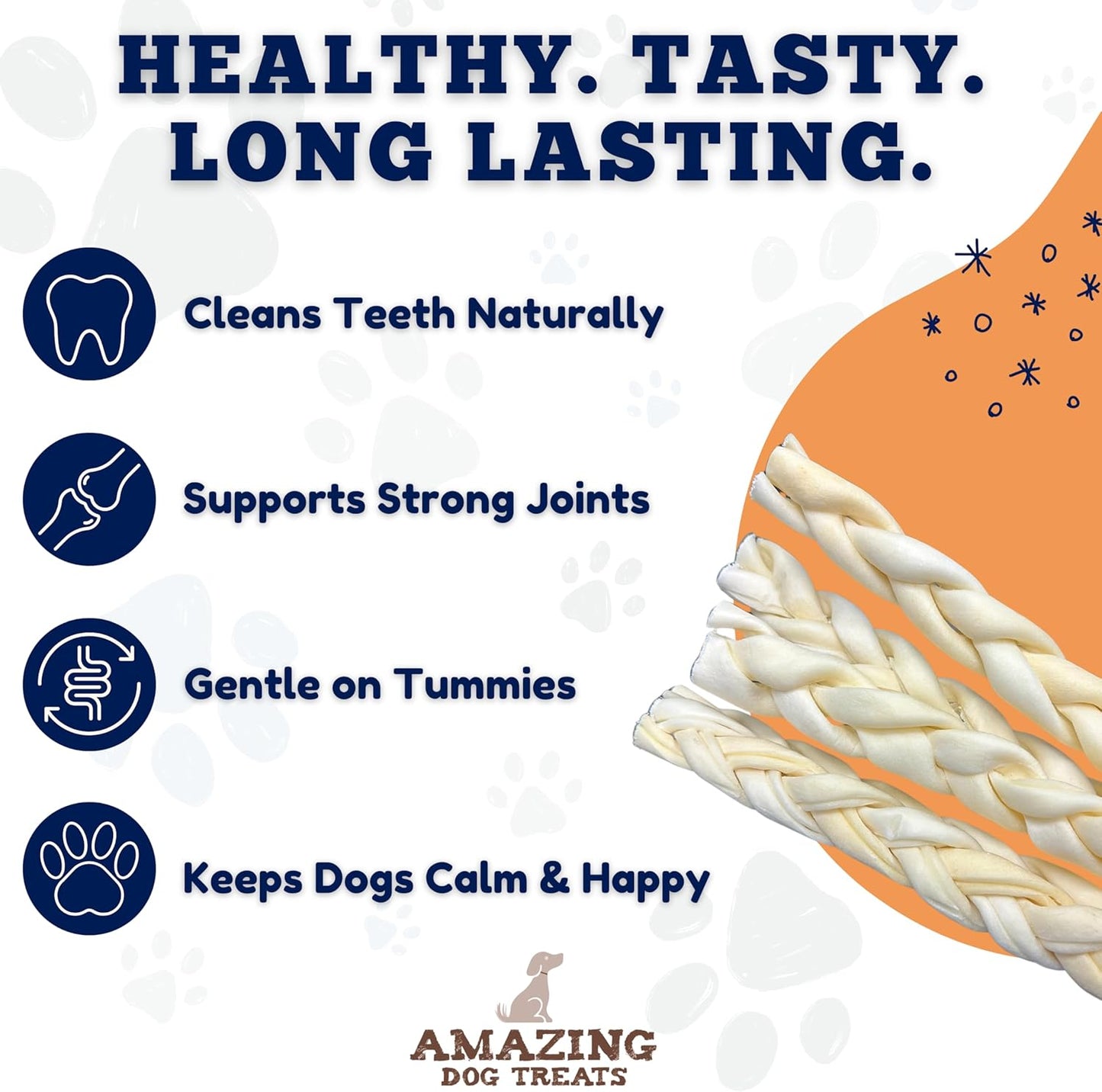 Amazing Dog Treats - Beef Cheek Braids Dog Chew (10-12 Inch - 25 Count) - NO Odor - Rawhide Alternative - Beef Cheek Slice Chip Sticks - No Dyes, Chemicals, or Preservatives