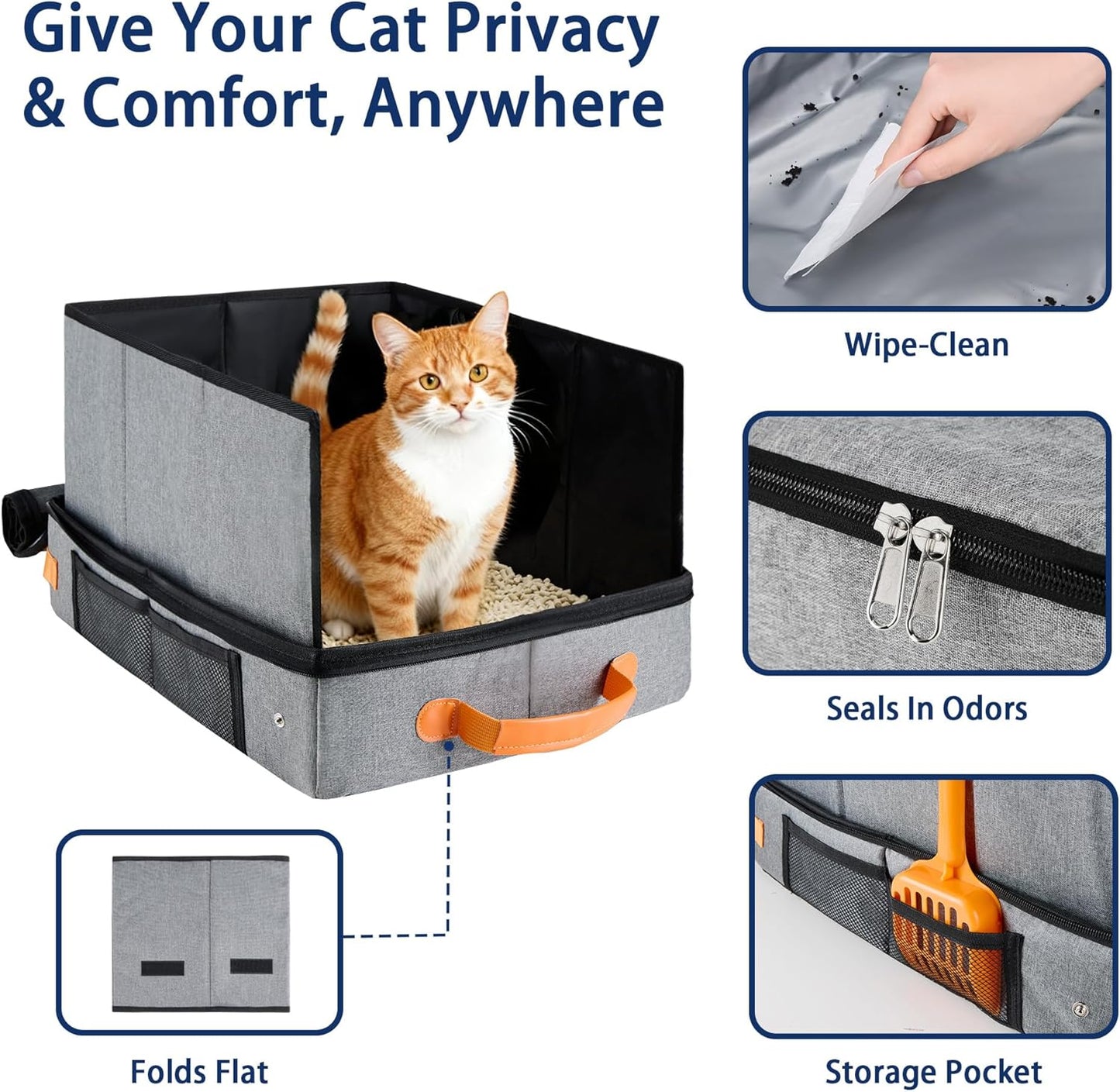 MORAIS Portable Travel Litter Box for Cats, 17.7"×13.5"×11" Collapsible Cat Litter Box with Lid, Leak-Proof Cat Litter Pan for Car Hotel Airplane, Waterproof & Easy to Carry- Gray