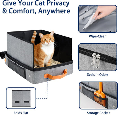 MORAIS Portable Travel Litter Box for Cats, 17.7"×13.5"×11" Collapsible Cat Litter Box with Lid, Leak-Proof Cat Litter Pan for Car Hotel Airplane, Waterproof & Easy to Carry- Gray