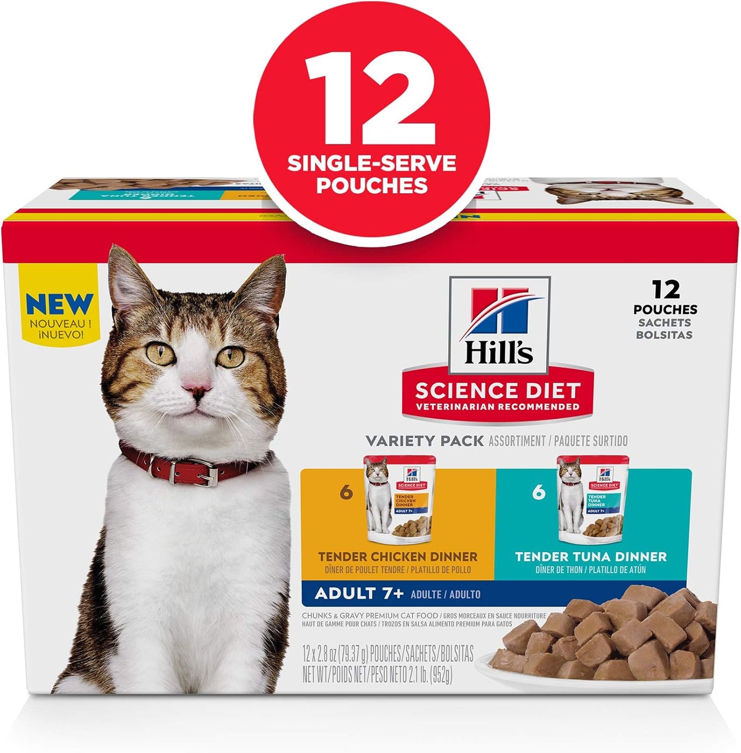 Hill's Science Diet Adult 7+, Senior Adult 7+ Premium Nutrition, Wet Cat Food, Variety Pack: Chicken; Tuna Stew, 2.8 oz Pouch Variety Pack, Case of 12