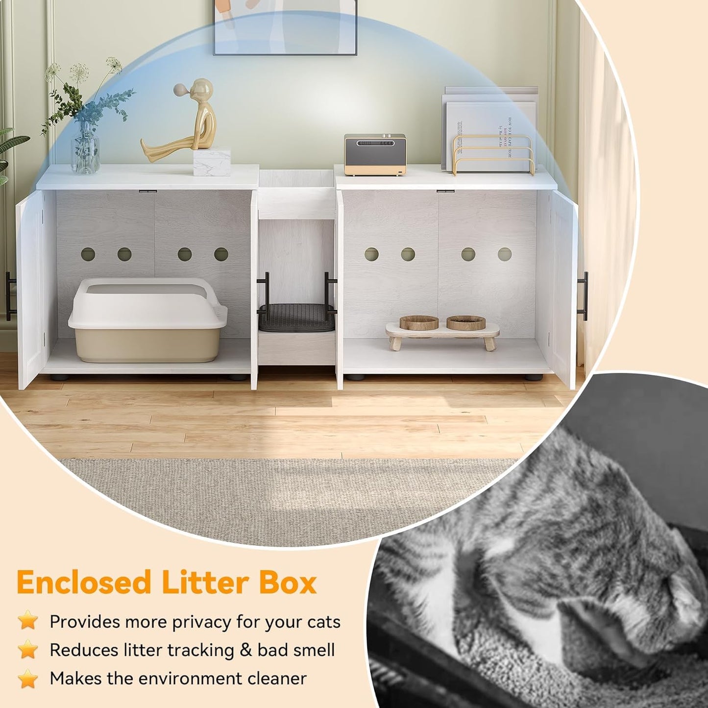 Cat Litter Box Enclosure Furniture for 2 Cats, 55" Large Hiddden Cat Litter Box Enclosure Furniture 3-IN-1 Wooden Cat Litter Cabinet with Barn Door & Double Rooms for Bedroom Living Room, White