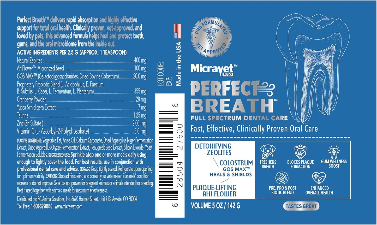MicraVet-Perfect Breath- Dental Care Meal Topper for Dogs–Reduces Plaque & Tartar, Supports Gut Health,Natural Probiotic Oral Powder with Colostrum, Zeolites & Cranberry – Freshens Breath, 5 oz