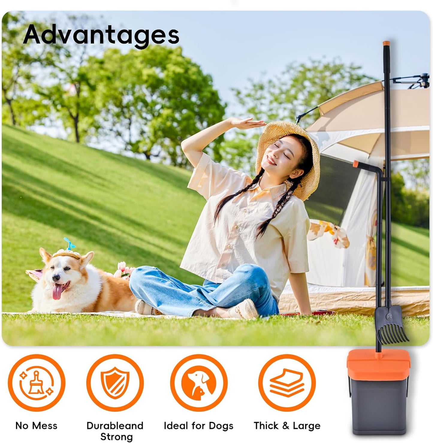 Pooper Scooper Swivel Bin & Rake with 100 Waste Bags and 10pairs of glovesDog Pooper Scooper with Bag Attachment for Large Medium Small Dogs