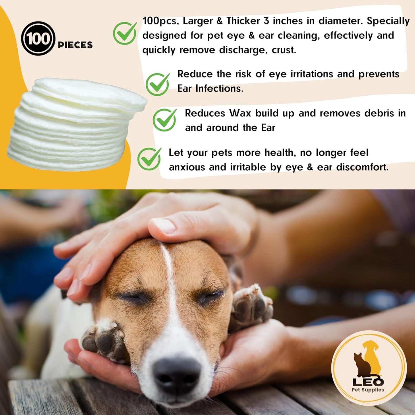 Eye & Ear Wipes for Pets - (100 Count) - Cleanser for Dogs and Cats, Non-Irritating Ingredients; Aloe Essence and Coconut Oil, Specially formulated, Everyday use, Unscented