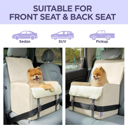 Lesure Dog Car Seat for Small Dogs, Foldable Pet Car Seat with Clip-On Safety Leash, Waterproof Puppy Booster Car Seat for Small Pets Under 25lbs, Portable Doggie Travel Carrier Bed, Light Ivory