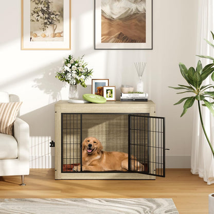 Greesum Modern Dog Crate Furniture That Doubles as a Side Table - Sturdy Wooden Kennel with Front & Side Door Access, Plush Cushion & Chew-Resistant Design for All Dog Sizes