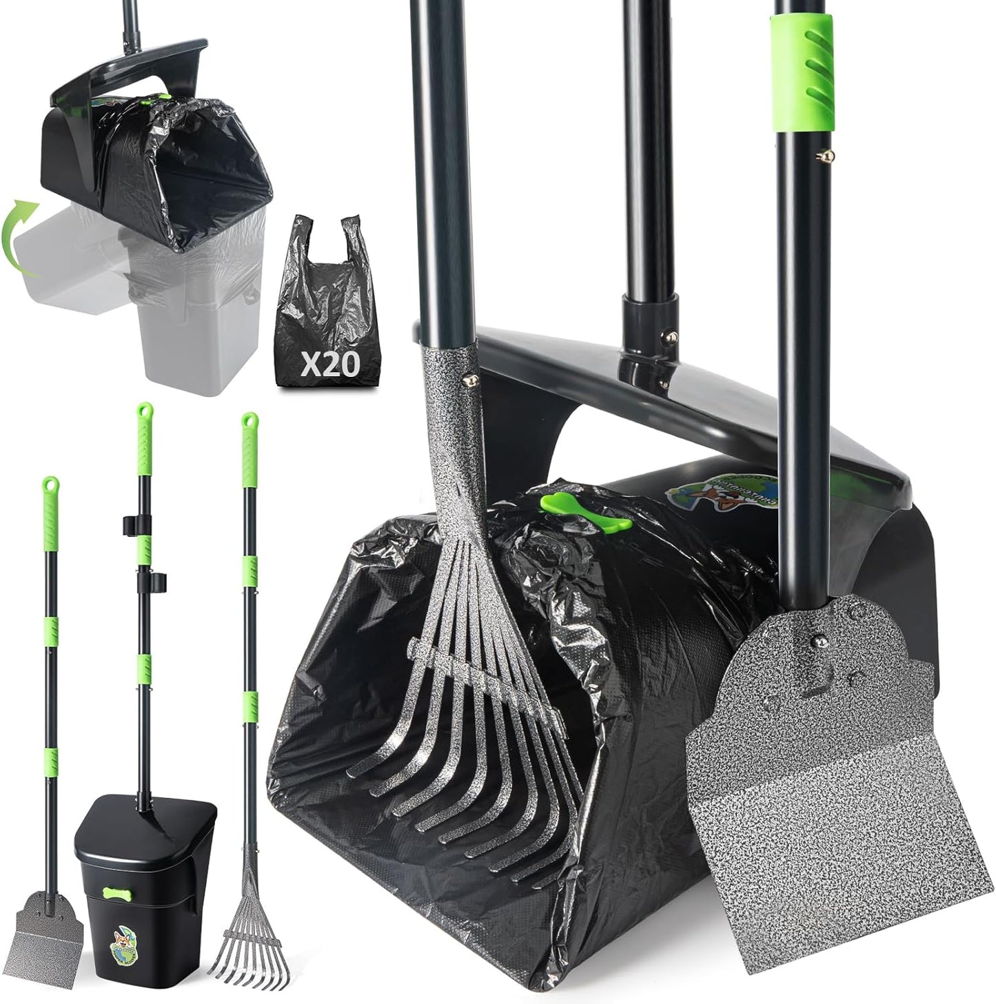 Dog Pooper Scooper, Long Handle Adjustable Metal Swivel Bin & Rake & Spade Kit with 20 Waste Bags, Portable Heavy Duty Dog Poop Scooper for Gravel Lawn, Suit for Small Medium Large Dog
