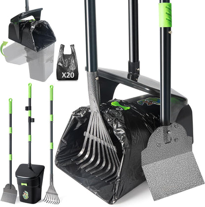Dog Pooper Scooper, Long Handle Adjustable Metal Swivel Bin & Rake & Spade Kit with 20 Waste Bags, Portable Heavy Duty Dog Poop Scooper for Gravel Lawn, Suit for Small Medium Large Dog