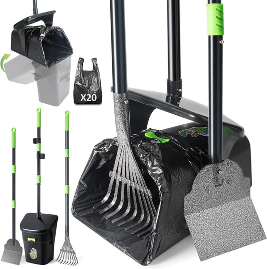 Dog Pooper Scooper, Long Handle Adjustable Metal Swivel Bin & Rake & Spade Kit with 20 Waste Bags, Portable Heavy Duty Dog Poop Scooper for Gravel Lawn, Suit for Small Medium Large Dog