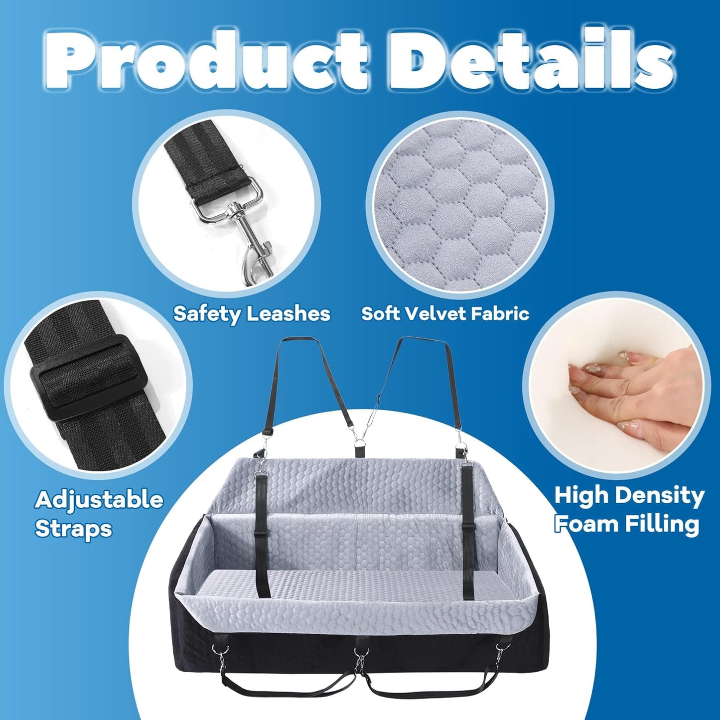 HOMBYS 42" L Dog Car Seat for Large and Medium, 4.2" Thick Dog Car Booster Seat, Back Seat Extender with 6 Straps, Pet Sofa Bed Cushion, Detachable & Machine Washable