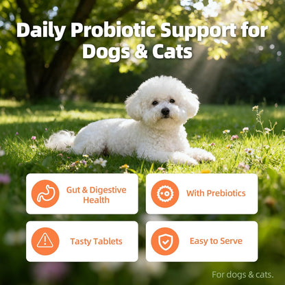 Probiotics for Dogs & Cats, Chicken Tablets, 300 Ct - Sensitive Stomach & Digestive Support, Gas & Bloating Relief, Food Transition - Grain/Gluten Free, No Artificial Additives