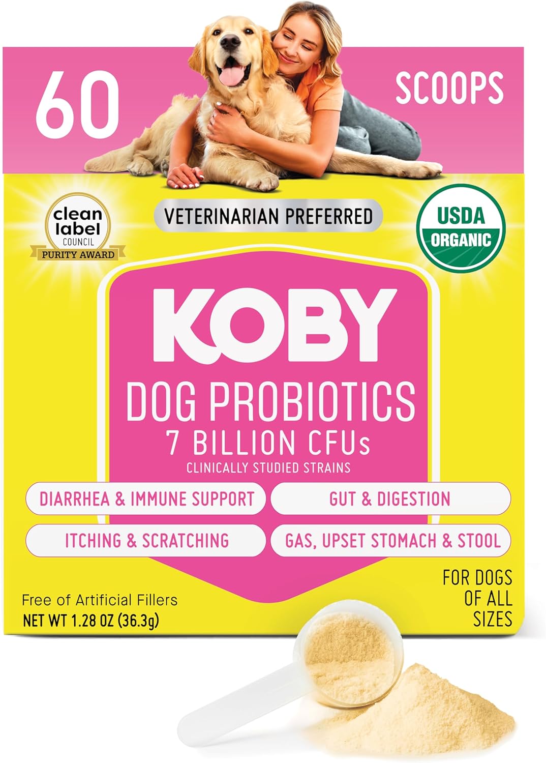 Koby Dog Probiotic Powder – Made with Clean USDA Organic Ingredients for Gut, Digestive, Skin & Immune Support – Vet-Inspired Probiotics for Dogs of All Ages – 7 Billion CFUs, 60 Servings