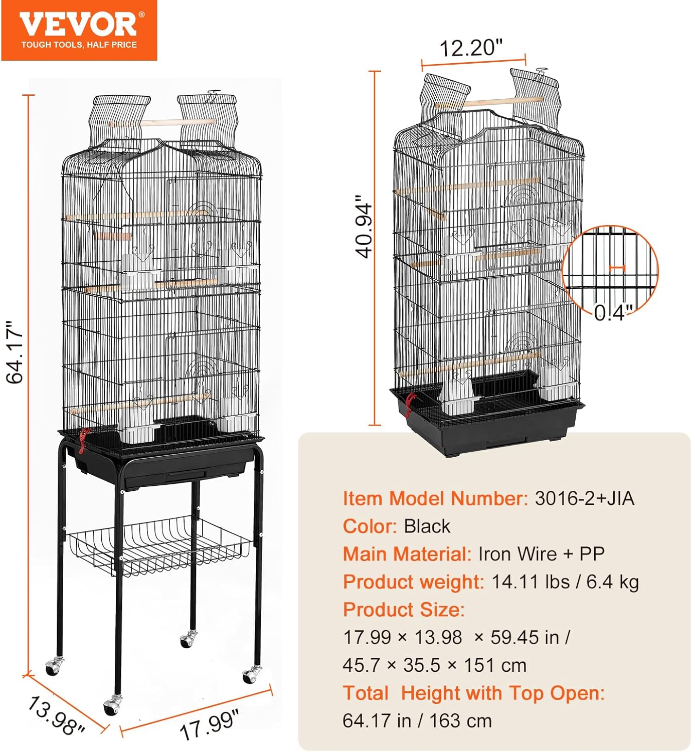 VEVOR 64-inch Open Top Large Parrot Bird Cage with Detachable Rolling Stand for Parakeets Finches Canaries Lovebirds Cockatiels Budgies Small Quaker Conures Flight Birdcage with Swing and Perch