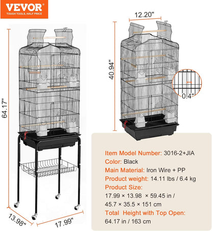 VEVOR 64-inch Open Top Large Parrot Bird Cage with Detachable Rolling Stand for Parakeets Finches Canaries Lovebirds Cockatiels Budgies Small Quaker Conures Flight Birdcage with Swing and Perch