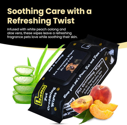 Hanu Pet Wipes for Dogs and Cats, Hypoallergenic, Cleans Tear Stains, Itching Relief, for face,Paws, Body and Butt, Peach Oolong