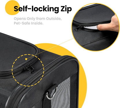 Cat Carrier Airline Approved, Soft-Sided Dog Carrier with Inner Safety Leash, Pet Transport Carrier for Small-Medium Cats Puppies up to 15 Lbs, Collapsible Travel Kitten Carrier Bag -BlackM