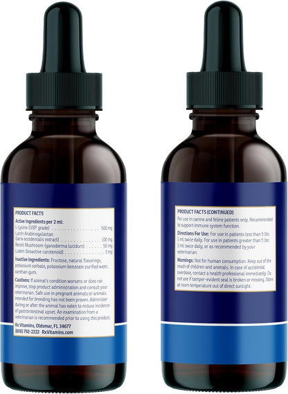 Rx Vitamins Liquid Immuno Dog & Cat Immune Support - Reishi Mushroom Supplement for Dogs & Cats Plus L-Lysine - Ideal Eye Supplements, Immunity Booster Supplements for Pets - 4 oz