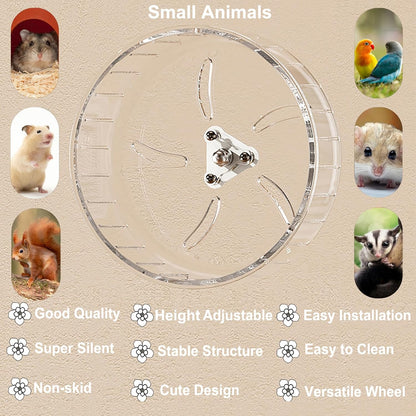 Hamster Wheel, Silent Running Exercise Wheel with Adjustable Stand for Hamster Guinea Pig Gerbil Hedgehog Small Animal Cage Accessories (Clear, 7.1inch)