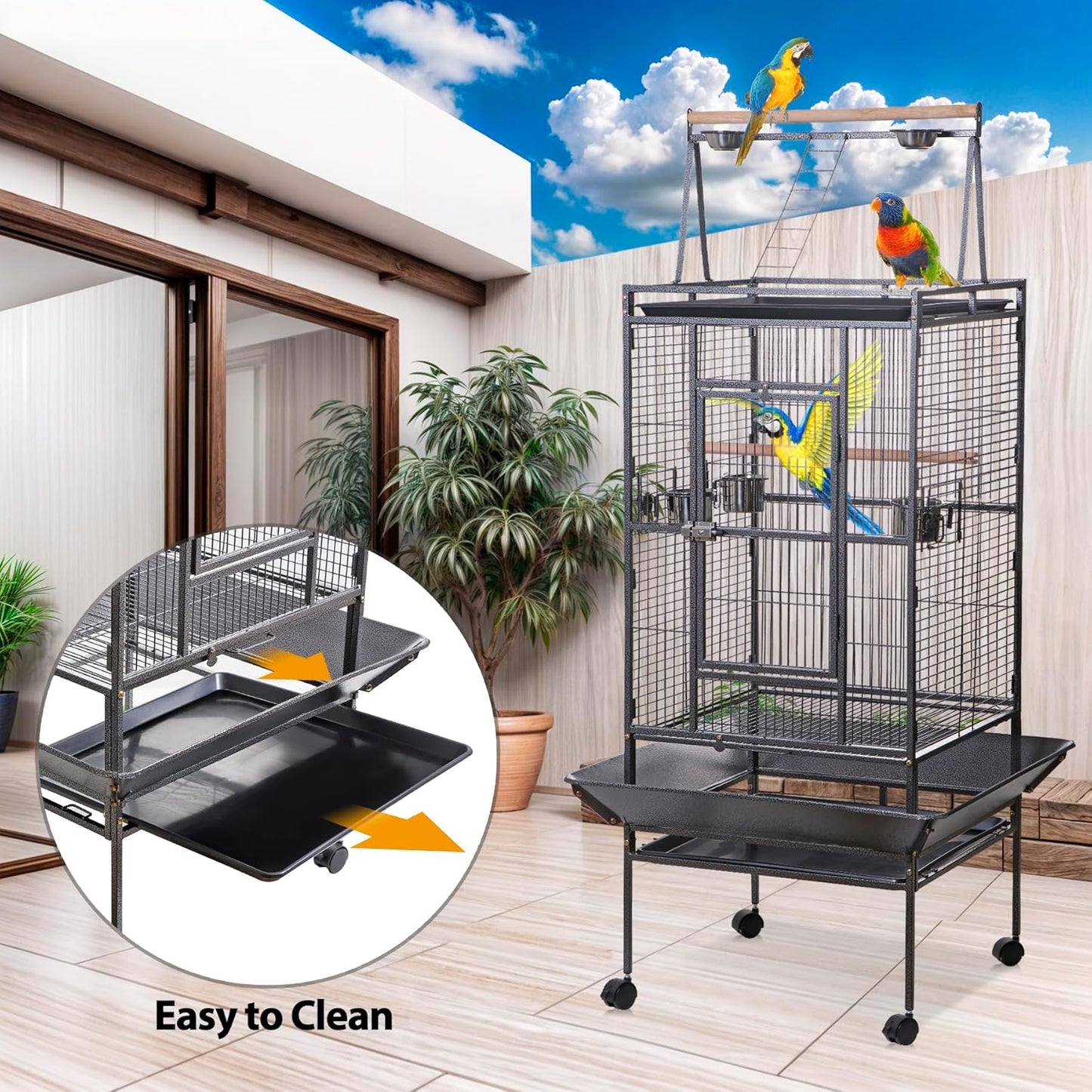 HSM 68 Inch Wrought Iron Large Bird Flight Cage with Rolling Stand for African Grey Parrot Cockatiel Sun Parakeet Conure Lovebird