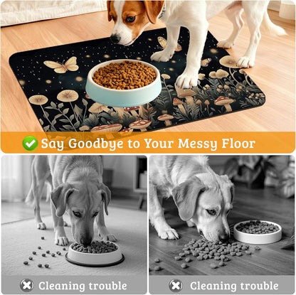 Fantasy Mushroom Dog Cat Food Mat,Butterfly Stars Absorbent Waterproof Placemat for Food and Water Non Slip Rubber Backing Durable Feeding Pad for Clean Floors 16" x 24"