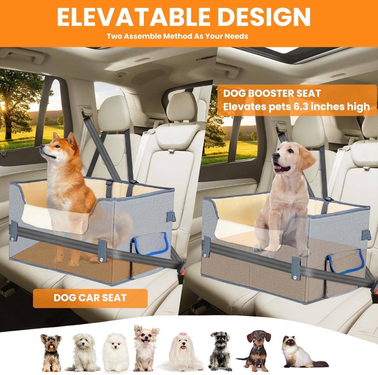 Dog Car Seat for Small Dogs, Elevated Dog Booster Seat Pet Travel Carrier Bed for Car with Adjustable Straps Pet Car Booster Seat for Small Dogs Cats