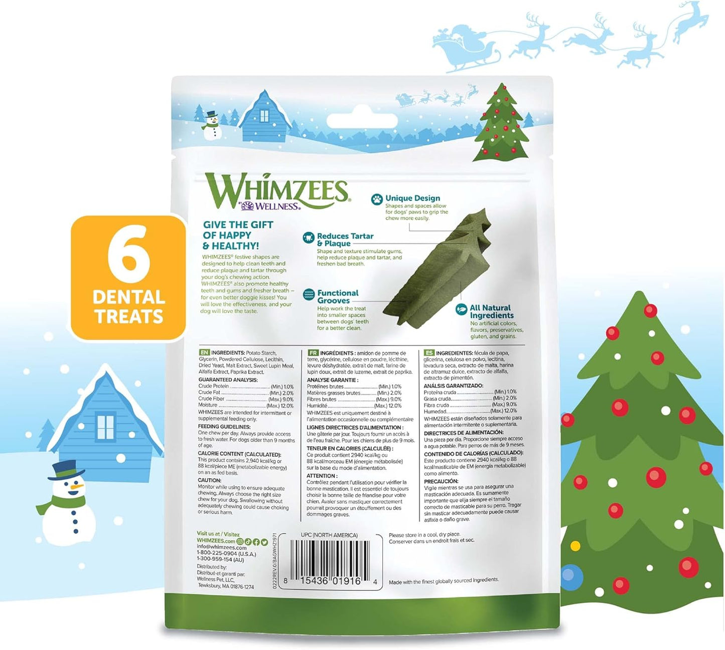 WHIMZEES Wellness Holiday Dog Dental Treats, Christmas Gift for Dogs, Size Medium Stick, (6 Count)