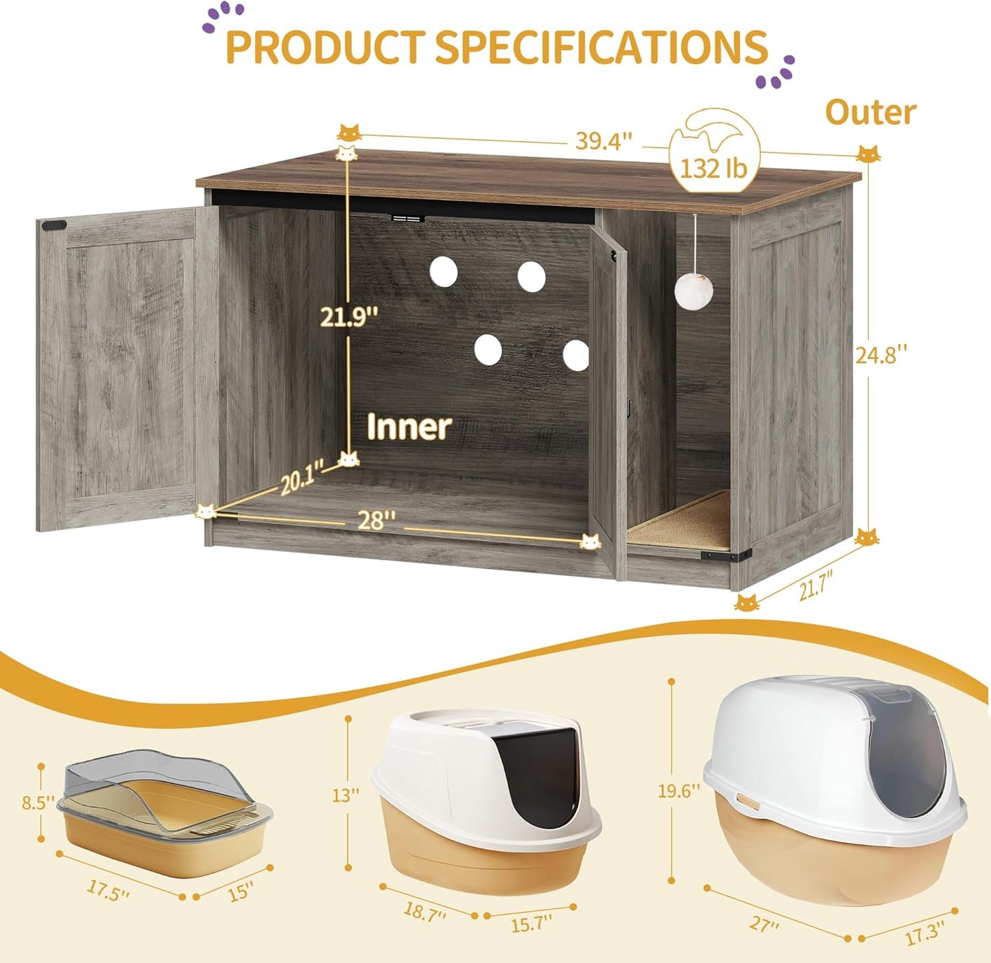 Cat Litter Box Enclosure, Hidden Litter Box Cabinet Furniture with Bell, Indoor Cats House, Farmhouse Style, 39.4 x 21.7X 24.8 Inches, for Hallway, Bedroom, Greige CB85205X