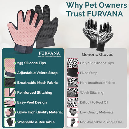 Pet Grooming Gloves for Dogs & Cats – Premium 259-Tip Deshedding & Massage Mitts, Easy-Peel Hair Removal, Adjustable Strap, 1 Pair (Blue/Pink) (Pink)
