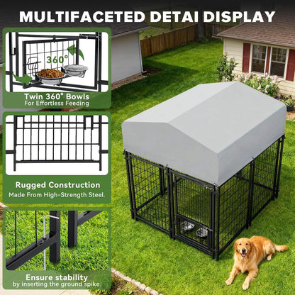 Oranland 4x4x5FT Dog Kennel Outdoor for Medium/Small Dogs, Welded Wire Outside Dog Pen, Anti-Rust Dog Run with Secure Lock/UV-Resistant Waterproof Roof/Swivel Stainless Steel Feeding Bowls