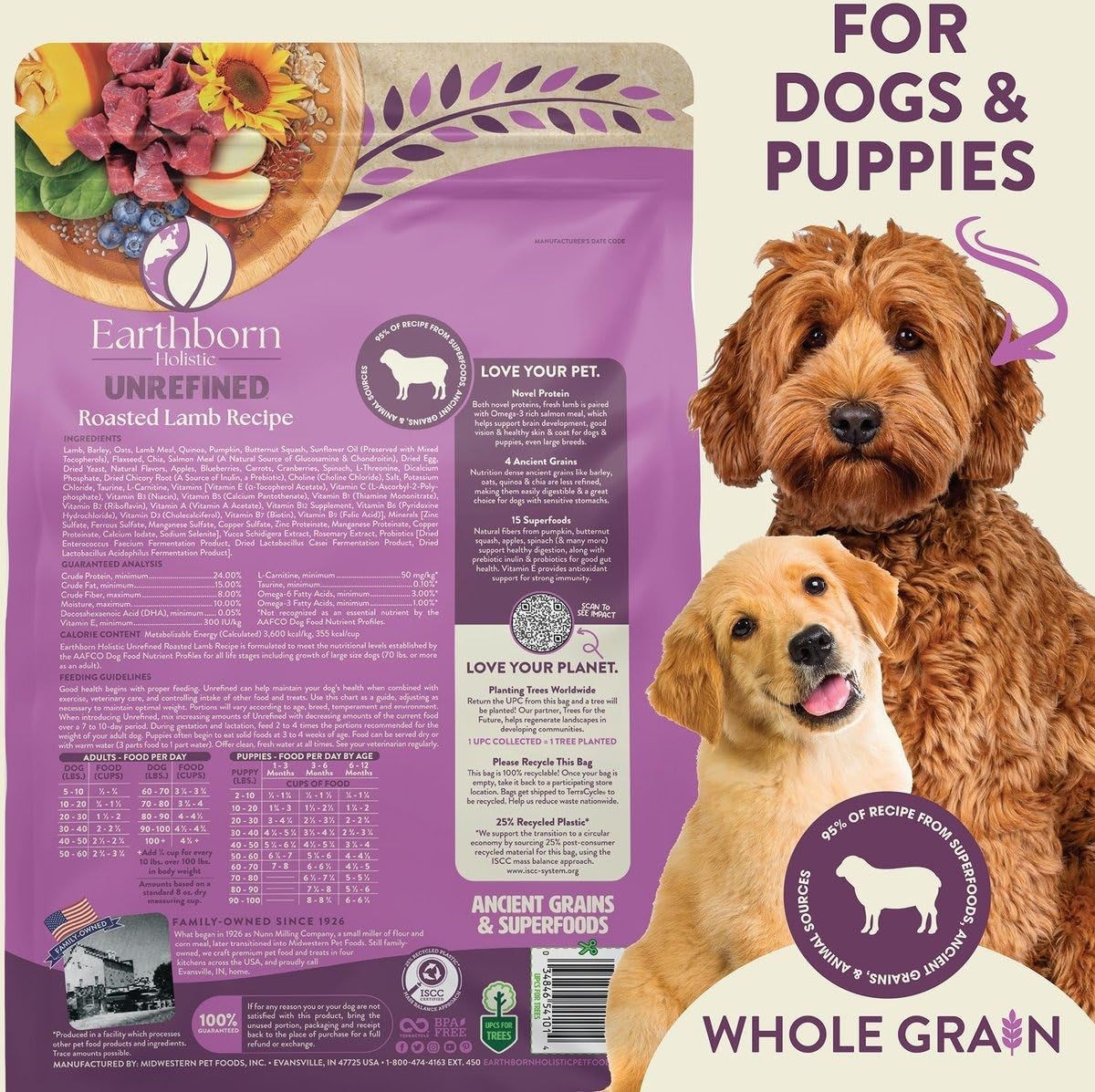 Earthborn Holistic Unrefined Roasted Lamb Recipe with Ancient Grains & Superfoods Dry Dog Food (4 Pounds)