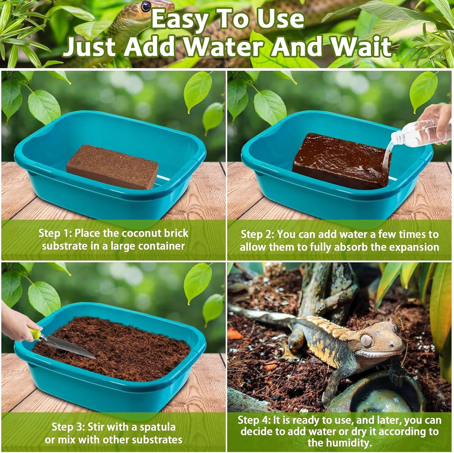 Riare 4 Pack Natural Coconut Fiber Substrate for Reptile- Premium Compressed Coconut Husk Terrarium Bedding for Reptile, Tortoise, Frogs, Snakes Hermit Crabs, Burrowing Animals