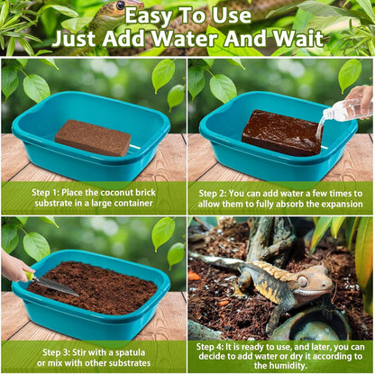 Riare 4 Pack Natural Coconut Fiber Substrate for Reptile- Premium Compressed Coconut Husk Terrarium Bedding for Reptile, Tortoise, Frogs, Snakes Hermit Crabs, Burrowing Animals