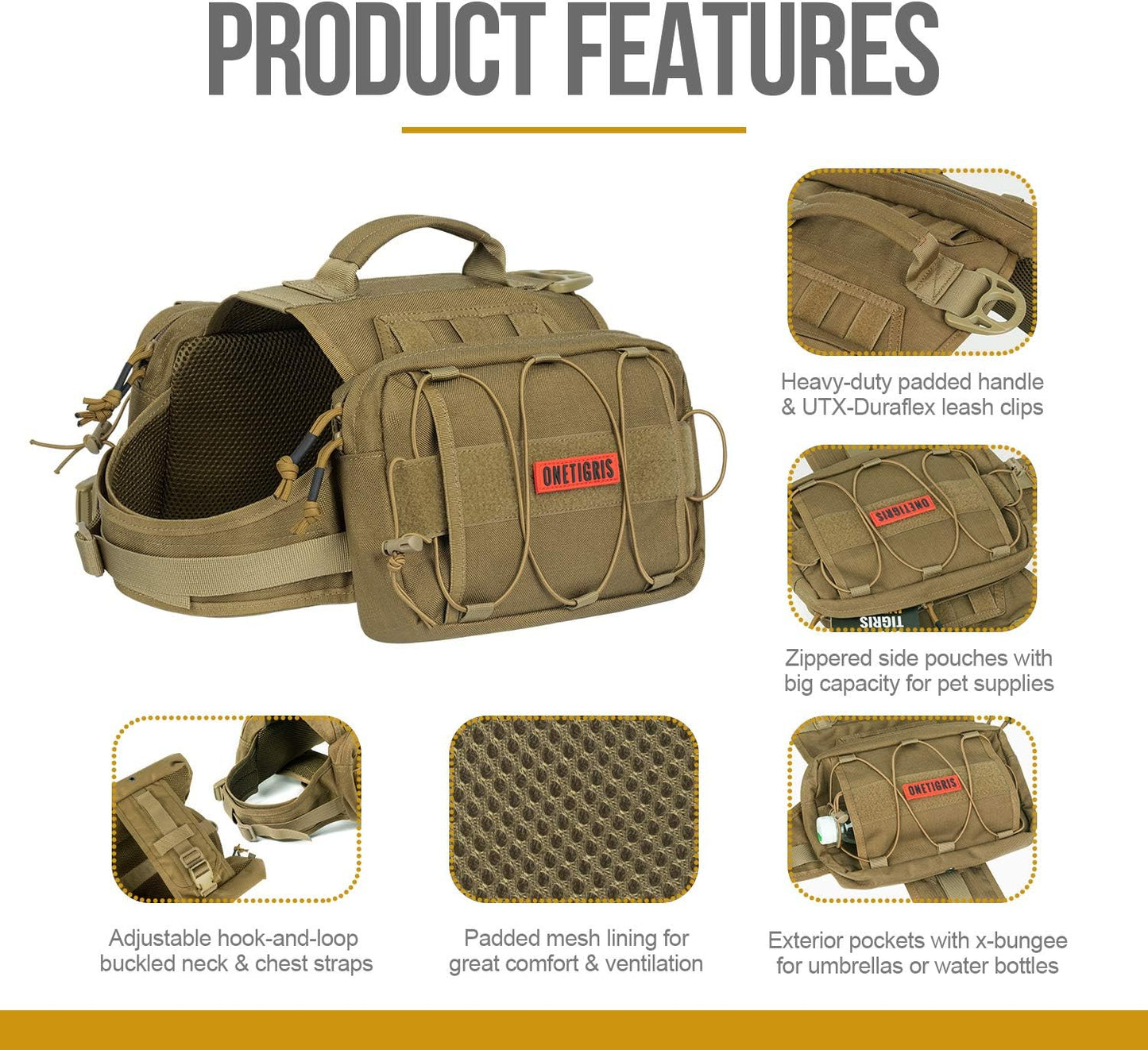 OneTigris Dog Backpack for Medium & Large Dogs, Nylon Backpack for Dogs Tactical Pet Backpack with Side Pockets for Hiking Walking Training Running (Brown, Large)