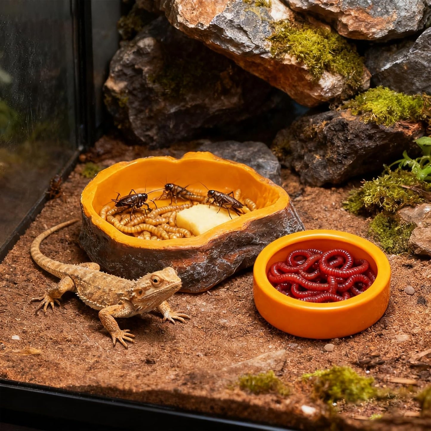2-Pack Reptile Water Dish, Food Bowl Set - Natural Rock Design Snake Water Bowl, Leakproof Resin Feeder for Bearded Dragons, Turtles, Geckos, Snakes | Terrarium Decor Essentials