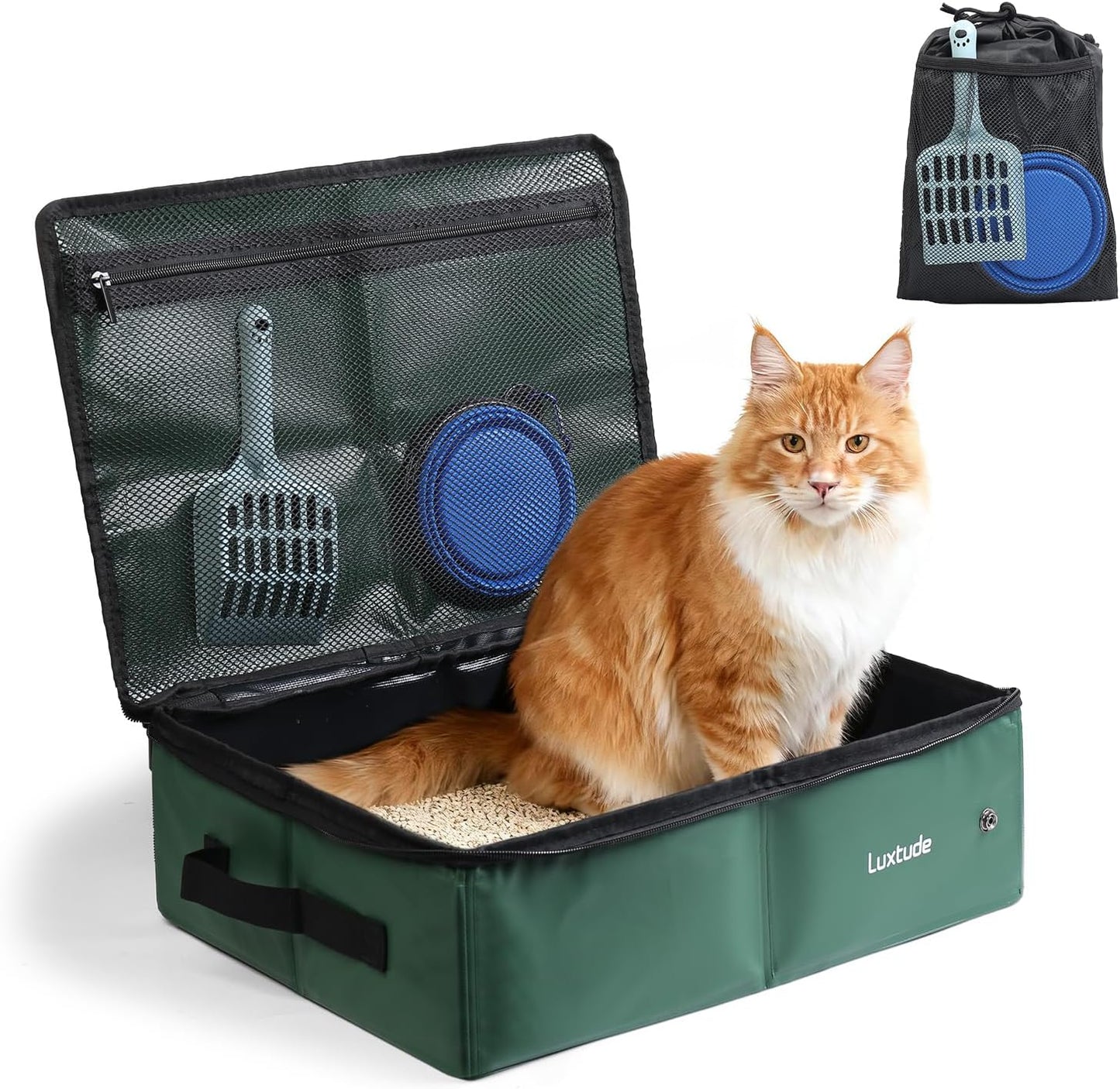 Luxtude Portable Travel Litter Box for Cats, Large Collapsible Litter Box with Lid for Odor Control, Waterproof and Easy Clean, No Smell, No Leakage for Car Road Trip, Hotel Room(Green, Large)