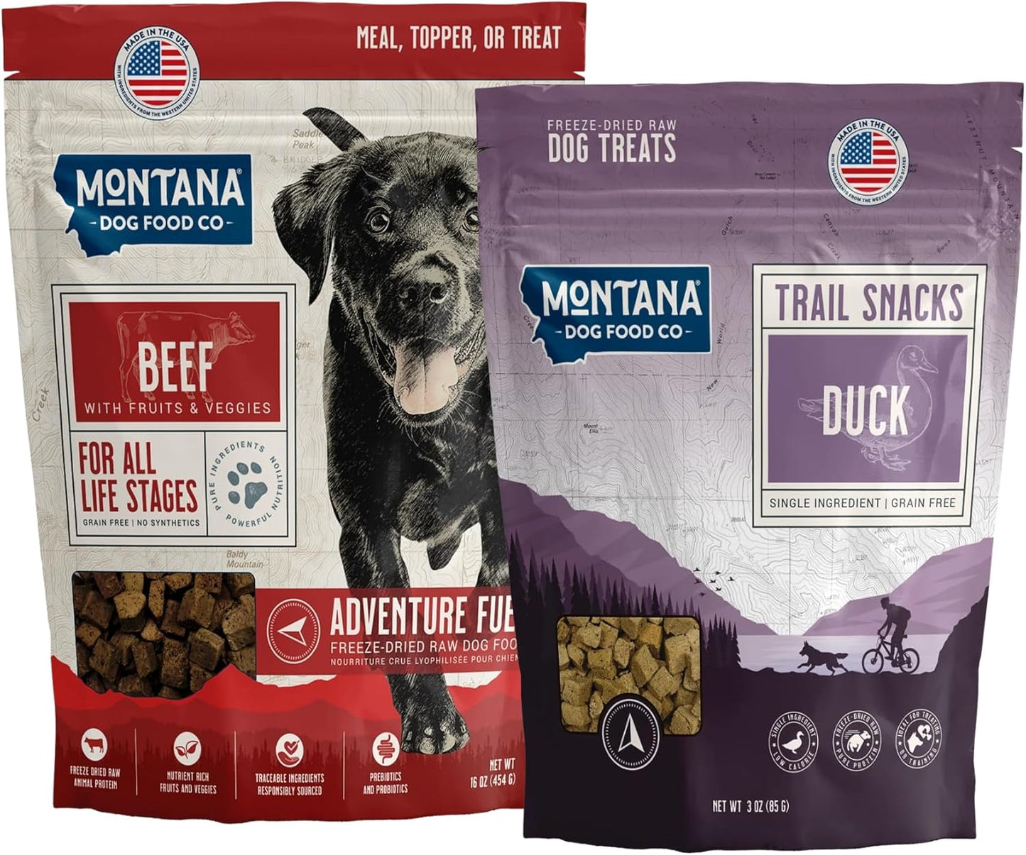 Beef Dog Food and Duck Dog Treat Adventure Fuel Bundle - 16 oz Freeze-Dried Raw Food with Single Ingredient Training Snacks