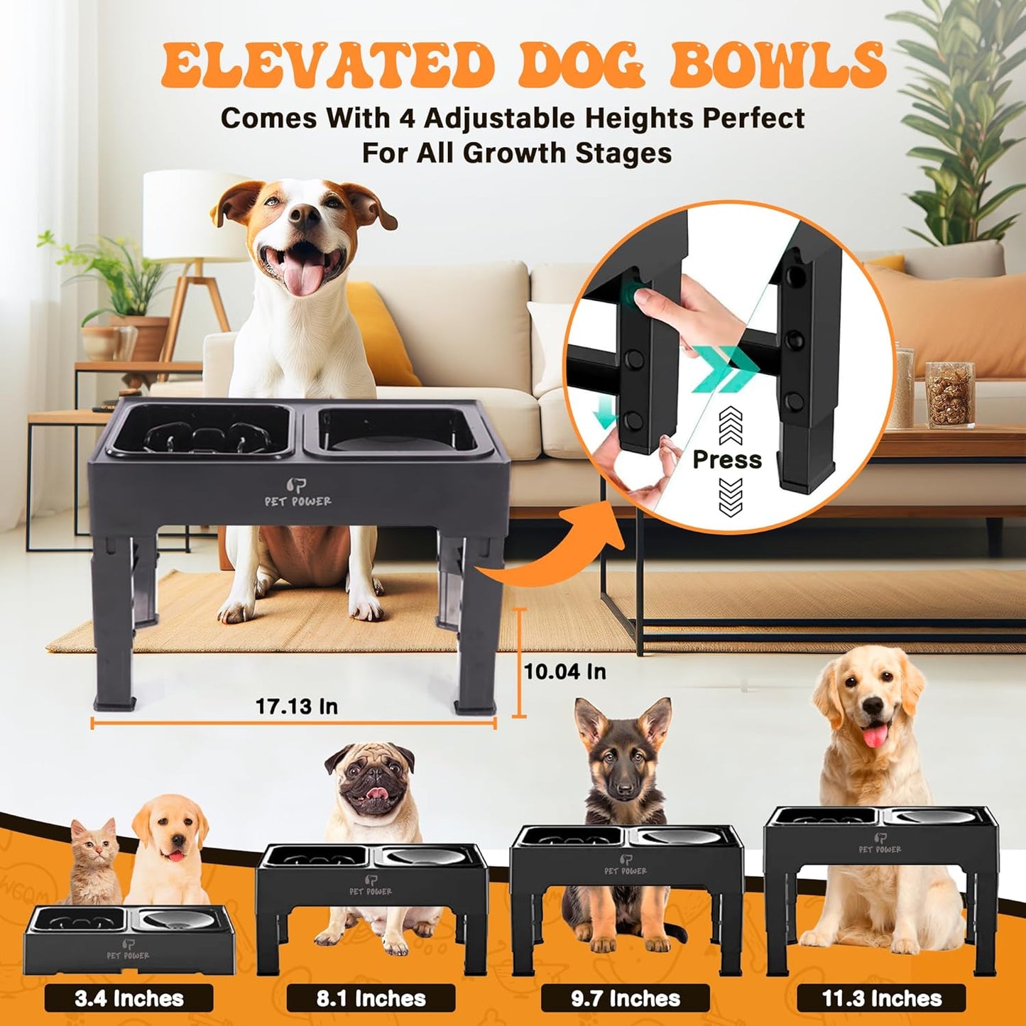 Dog Bowls Elevated, 4 Adjustable Height Raised Dogs Bowl with No-Spill Water Dish & Slow Feeder, Non-Slip Food & Water Bowl for Small Medium Large Dogs - Elevated Dog Bowls Large Breed