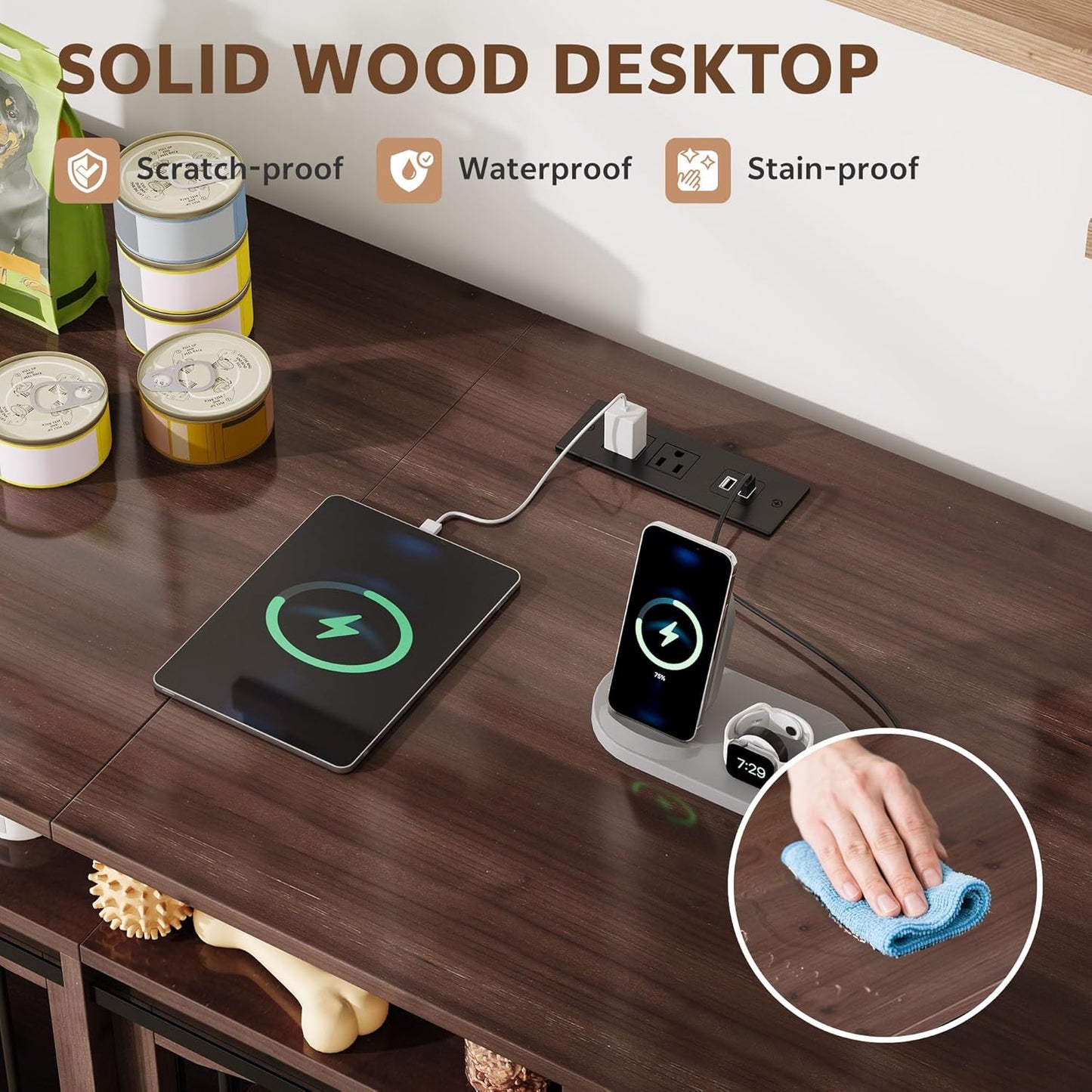 70.86" Double Dog Crate Furniture with Storage for 2 Medium Large Dogs Farmhouse Wooden Dog Kennel Furniture with 2 Sliding Doors Divider & Power Outlets Decorative Dog Cage TV Stand, Brown